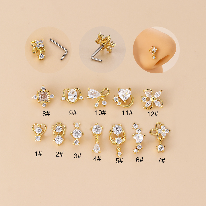 Body Jewelry Nose Ring - 20G L-vormige kubieke zirkonia neusstud, chirurgisch